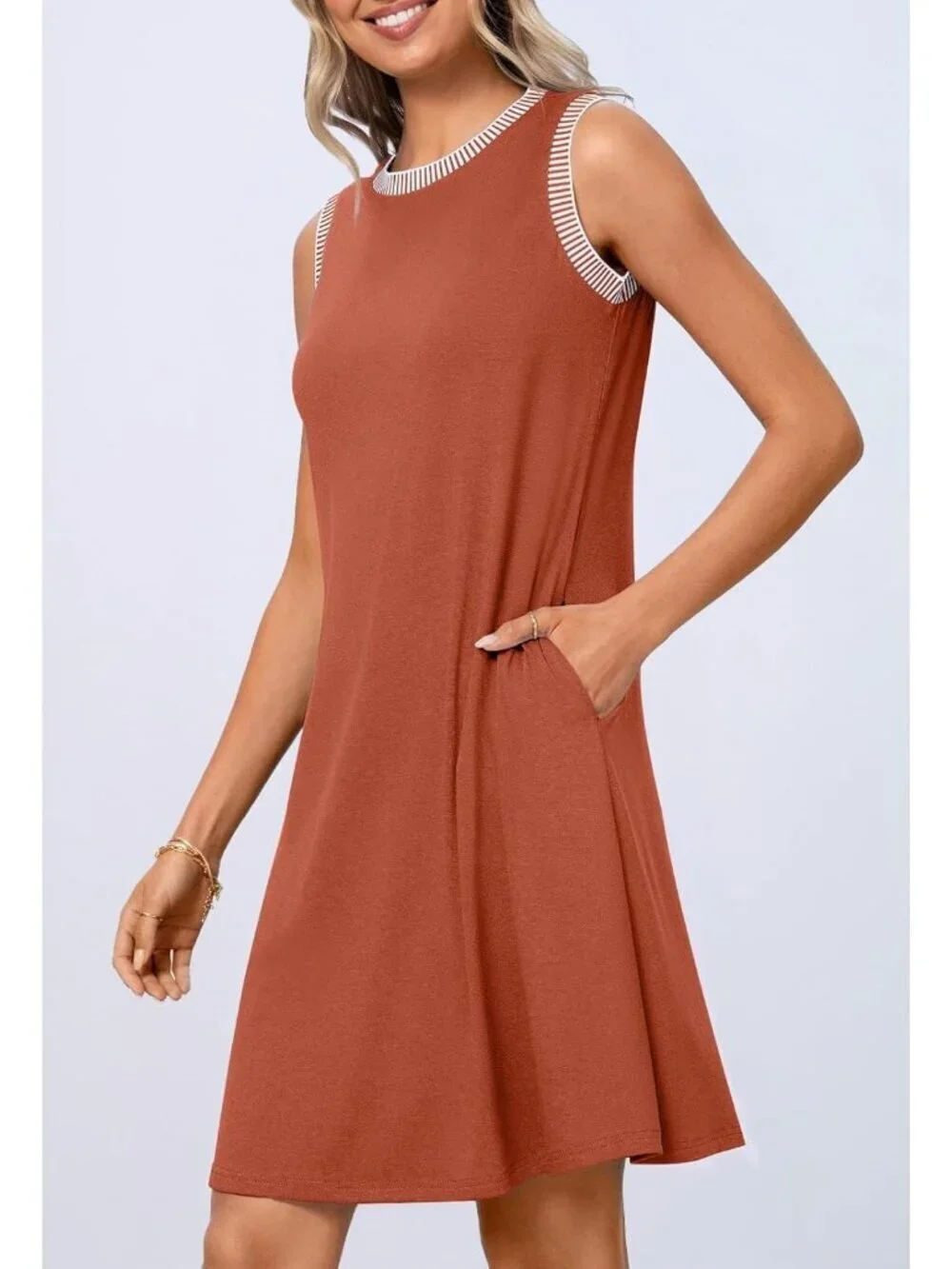 Women's Caramal Sleeveless Tank Cruise Shift Swing Sundress Stylish Mini Dress